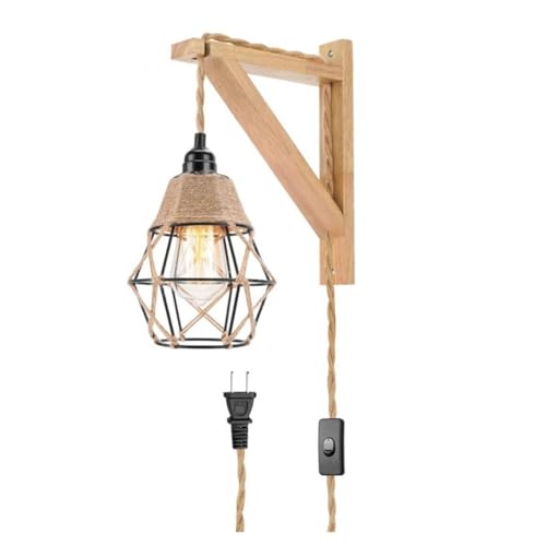 Hobaca Plug in Pendelleuchte, Industrielle Wandlampen mit Stecker Hanfseil Ein/Aus-Schalter Bauernhaus Wandlicht mit 2.5M Kabel, Vintage LED Pendelleuchte, Wandleuchter für Esszimmer von Hobaca