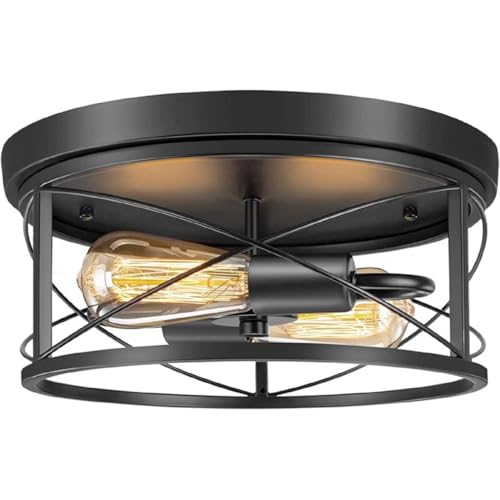 Hobaca Schlafzimmer Schwarz Semi Flush Deckenleuchte, 2-Licht Bauernhof Deckenleuchte, Retro Industrial Style Simple Creative Metal Cage Pendelleuchte Treppe Eingang Gang Flur Licht von Hobaca