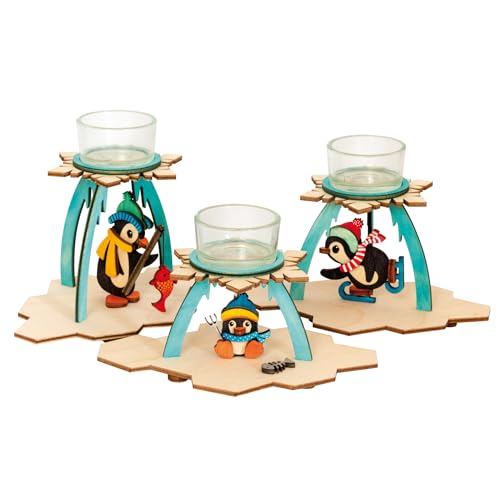 Drechslerei Kuhnert - Hobaku Bastelset Teelichthalter - Motiv: 3 Pinguine - Dekoration aus Holz zum Zusammenbauen - Maße: 13 x 9 x 10/11/12 cm - Made in Germany von Hobaku HOLZ - BASTELN - KUHNERT