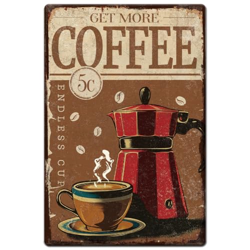 Hobbspring 1 Stück Vintage Blechschild Aus Metall 20x30cm Retro Eisen Kaffee Und Kaffeekannen Schild Rostoptik Get More Coffee Endless Cup Blechplakat Café Bar Zuhause Büro Küche Wanddekoration von Hobbspring