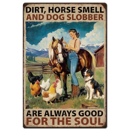 Hobbspring 1 Stück Vintage Blechschild Aus Metall 20x30cm Retro Eisenpferd Frauen Schild Dreck Pferdegeruch Und Hundesabber Sind Immer Gut Für Die Seele Poster Für Garten Bauernhof Küchendekor von Hobbspring