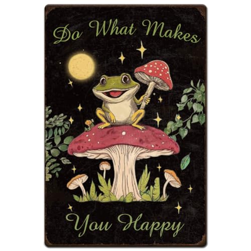 Hobbspring 1 Stück Vintage Metallblechschild 20x30cm Retro Eisen Pilz Frosch Schild „Do What Makes You Happy“ Frosch Plakette Poster Für Zuhause Büro Küche Bar Café Garten Wanddekoration von Hobbspring