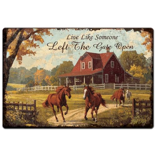 Hobbspring 1 Stück Vintage Metallblechschild 20x30cm Retro Eisenpferd Schild Rostiger Look Live Like Someone Left The Gate Open Pferdeposter Für Garten Bauernhof Küche Hühnerstall Dekor von Hobbspring
