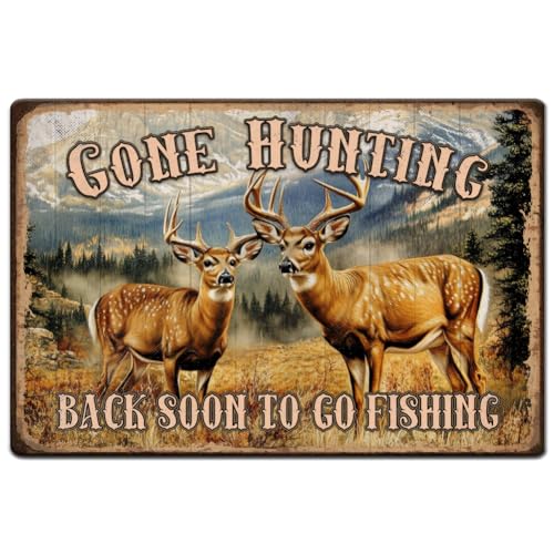 Hobbspring 1 Stück Vintage Metallblechschild 20x30cm Retro Hirschschild Rostoptik „Gone Hunting Back Soon To Go Fishing Lustiges Poster Für Zuhause Büro Küche Bar Café Garten Wanddekoration Hobbspring 1 Stück Vintage Metallblechschild 20x30cm Retro Hirschschild Rostoptik „Gone Hunting Back Soon To Go Fishing Lustiges Poster Für Zuhause Büro Küche Bar Café Garten Wanddekoration von Hobbspring