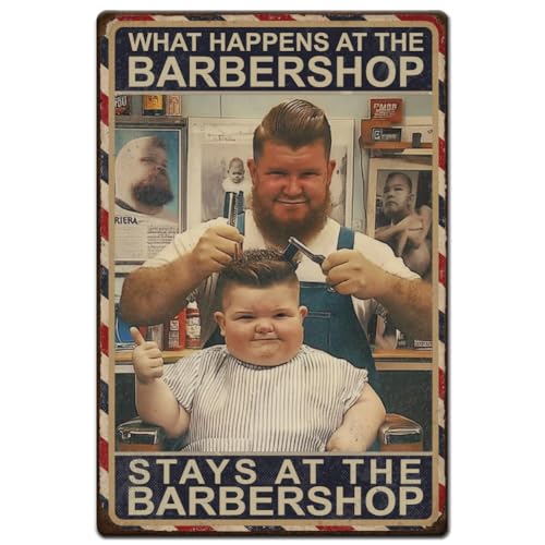 Hobbspring 1 Stück Vintage Metallblechschilder 20x30cm Retro Friseurschilder What Happens At The Barbershop Stays At The Barbershop Poster Für Küche Büro Café Kneipe Zuhause Wanddekoration von Hobbspring