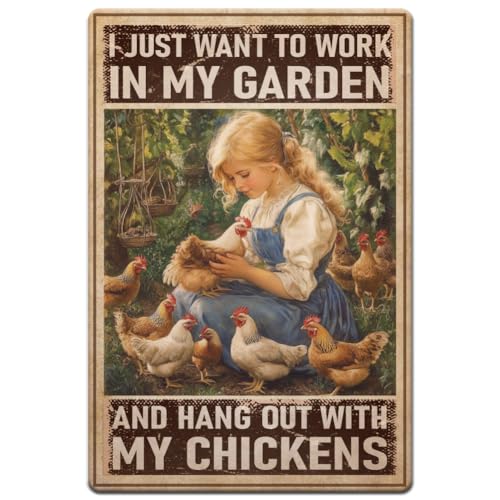 Hobbspring 1 Stück Vintage Metallblechschilder 20x30cm Retro Mädchen Hühnerschilder I Just Want To Work In My Garden And Hang Out With My Chickens Poster Für Bauernhof Hof Zuhause Wanddekoration von Hobbspring