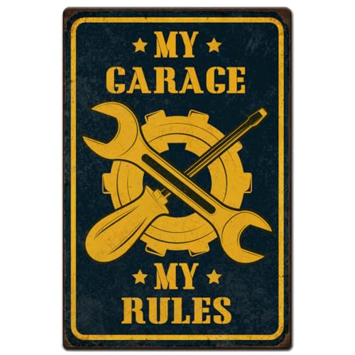 Hobbspring 1 Stück Vintage Metallblechschilder 30x20cm Garagen Metallschild My Garage My Rules Schilder Auto Garage Dekor Für Männer Werkstatt Garage Büro Geschäft Zuhause Kneipe Café Wanddekoration von Hobbspring