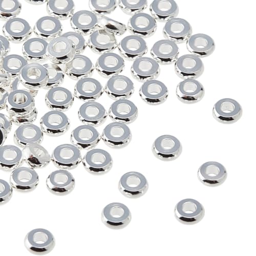 Hobbspring 100 Stück Flache Runde Perlen 925 Sterling Silber Beschichtete Abstandsperlen 4mm Glatte Scheiben Lose Messingperlen Für Schmuck Halsketten Armbänder Ohrringe Basteln von Hobbspring