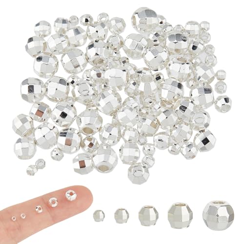 Hobbspring 100 Stück Runde Facettierte Abstandsperlen 5 Stile 925 Sterling Silber Plattierte Abstandsperlen Glatte Messing Metall Abstandshalter Lose Perlen Für Die Herstellung von Schmuck von Hobbspring