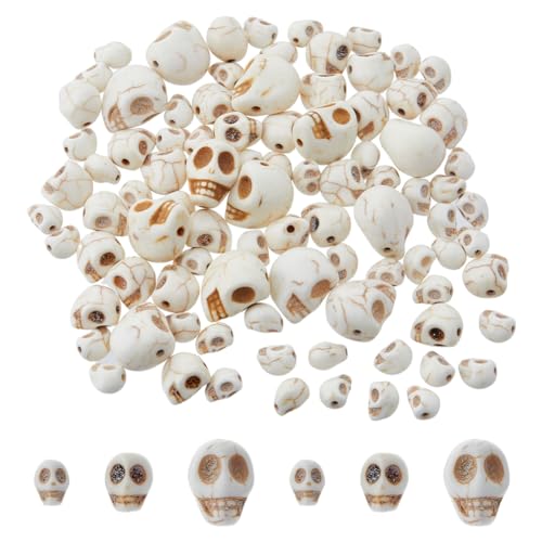 Hobbspring 198 Stück Weiß Totenkopf Perlen 3 Größen Synthetische Türkise Schädel Perle Kopf Skelett Perlen Geschnitzte Totenkopf Abstandshalter Perlen Stein Lose Perlen Für Schmuckherstellung von Hobbspring