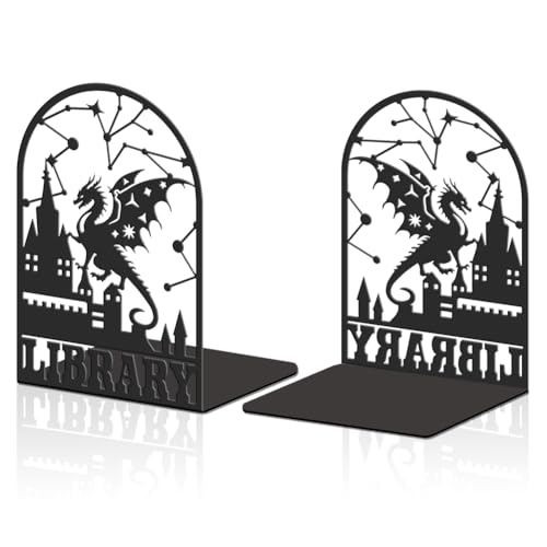 Hobbspring 2 Stück Drachenburg Dekorative Metall Buchstützen Buchenden für Schwere Bücher Robuste Bücherregalhalter Größere Buchstützen Verwendet auf dem Schreibtisch für Büro zu Hause oder Schule von Hobbspring