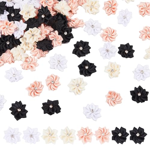 Hobbspring 200 Stück Stoffblumen Mit Strasssteinen 4 Farben Blumenband Applikationen Satinband Blumen Für Hochzeitsornament Dekor DIY Bastelkranz Geschenkverpackungsdekoration von Hobbspring