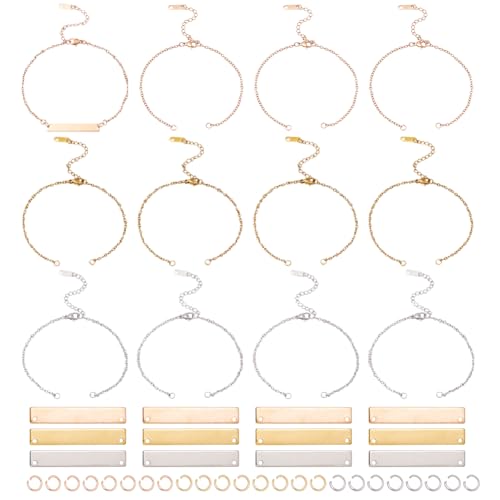 Hobbspring 3 Farben Gravierbare Armbänder DIY Set Einschließlich 12 Stück Rechteckigen Verbindungsstücken Aus Edelstahl 12 Stück Kabelketten Und 24 Stück Offenen Biegeringen Für Die DIY Armbändern von Hobbspring