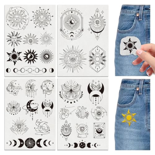 Hobbspring 4 Blätter Sonne Mond Wasserlösliche Stickmuster 29.7x21cm Stick und Stich Stickerei Papier Selbstklebend Stickerei Transfer Papier für Hemden Mäntel Taschen von Hobbspring