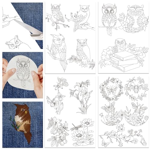Hobbspring 4 Blatt Wasserlösliche Stickmuster 29.7x21cm Eulen Und Blumen Stickpapier Zum Sticken Und Nähen Selbstklebendes Stick Transferpapier Für Hemden Mäntel Taschen von Hobbspring