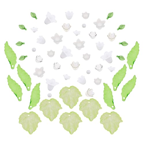Hobbspring 460 Stück Acryl Blumenblatt Kappen Perlen Charms 7 Stile Blumen Und 3 Stile Blätter Transparente Florale Blatt Abstandshalter Perlen Acryl Glockenperlen Set Zur Schmuckherstellung von Hobbspring