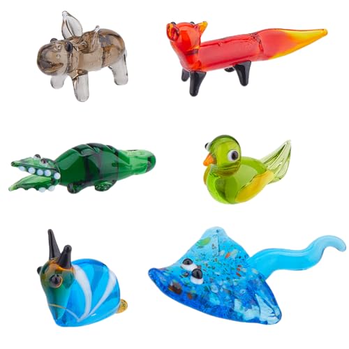 Hobbspring 6 Stück Mundgeblasene Glasfiguren Miniatur Tier Glasdekor Buntes Glas Fuchs Krokodil Mantarochen Schnecke Nilpferd Vogel Schaudekorationen Für Zuhause Sammlerstücke Geschenke von Hobbspring
