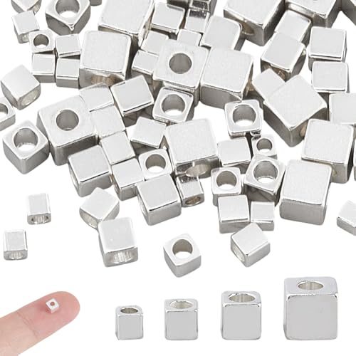 Hobbspring 80 Stück Würfel Abstandshalterperlen 4 Stile 925 Sterling Silber Plattierte Abstandshalterperlen Glatter Würfel Mit Rundem Loch Lose Messingperle Für Die Herstellung von Schmuck Halsketten von Hobbspring
