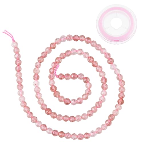 Hobbspring Ca. 100 Stück Natürliche Erdbeerquarz Perlen 4mm Facettierte Edelsteinperlen Kleine Perlenstränge Rosa Stein Lose Perlen Runde Perlen Strang Mit Elastischer Schnur von Hobbspring