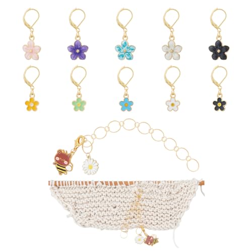 Hobbspring Emaille Häkelmaschenmarkierer Set Einschließlich 20 Maschenmarkierer In Blumenform Mit Goldenem Verschluss Und 2 Strickreihenzählerketten In Blumen Bienenform Aus Legierung Zum Stricken von Hobbspring