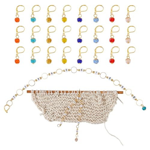 Hobbspring Emaille Häkelstichmarker Set inklusive 24 Stück Glas Verriegelungsstichmarker und 2 Stück Anzahl Acryl Strickreihen Zählerketten mit Klauenverschlüssen zum Stricken Weben Nähen Zubehör von Hobbspring