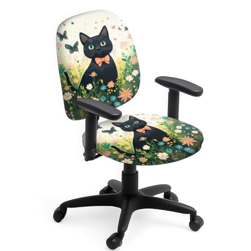 Hobbspring Polyester Bürostuhlbezug Set 2 Stück Stuhlhussen Mit Schwarzer Katze Und Blumen Gartenkatze Dehnbare Stuhlhussen Für Universellen Schreibtisch Drehbarer Computerstuhl Bürogeschenke von Hobbspring