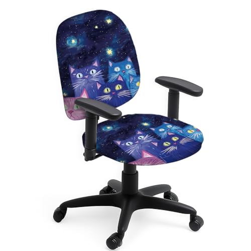 Hobbspring Stuhlhussen Set Aus Polyester Für Bürostühle 2 Stück Stuhlhussen Mit Galaxie Katzen Aufdruck Katze Mit Stern Dehnbare Stuhlhussen Für Universellen Schreibtisch Drehstuhl Bürogeschenke von Hobbspring