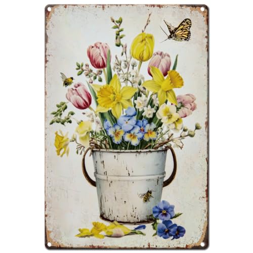 Hobbspring Vintage Blumen Metallblechschild 20x30cm Retro Narzissen Tulpen Blechschilder Blumen Eiseneimer Wandkunst Eisenschild Poster Für Garten Hof Zuhause Balkon Geschäft Wanddekoration Zubehör von Hobbspring