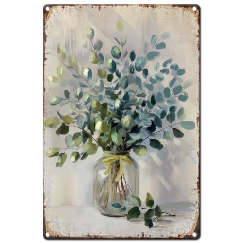 Hobbspring Vintage Blumen Metallschild 20x30cm Retro Schild Mit Eukalyptusblättern Rostige Optik Grüne Flora Blätter Poster Für Zimmer Garten Hof Zuhause Balkon Geschäft Wanddekoration von Hobbspring