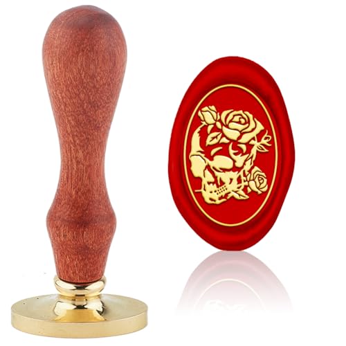 Hobbspring Vintage Wachssiegelstempel mit Totenkopf und Rosen Design 30x20mm Ovaler Abnehmbarer Messing-Stempelkopf mit Holzgriff für Halloween Briefumschläge Geschenkverpackungen von Hobbspring