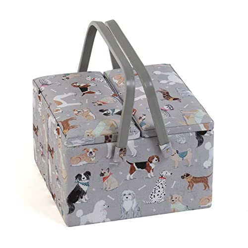 Hobby Gift Exclusive Große Aufbewahrungsbox für Näharbeiten mit zwei Deckeln, 25 x 25 x 17 cm, Graue Hunde von Hobby Gift
