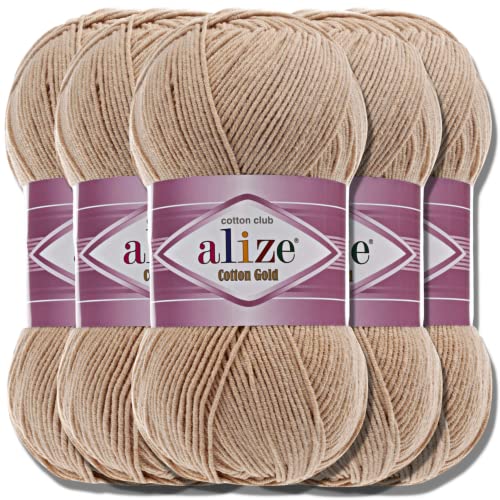 Alize 5 x 100g Cotton Gold Türkische Premium Wolle Baumwolle und Acryl Handstrickgarne | Garn | Yarn | Babywolle Strickgarn Akzente Accessoire Baby zum Häkeln Stricken Kleidung Schals (Beige | 262) von Hobby YARN