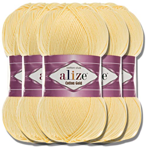 Alize 5x 100g Cotton Gold Türkische Premium Wolle Baumwolle und Acryl Handstrickgarne | Garn | Yarn | Babywolle Strickgarn Akzente Accessoire Baby zum Häkeln Stricken Schals (Light Yellow | 187) von Hobby YARN