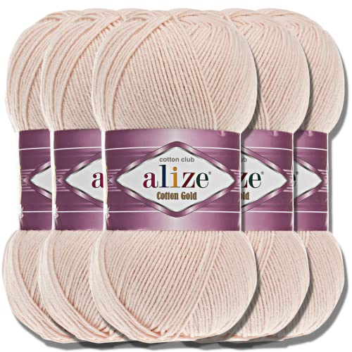 Alize 5 x 100g Cotton Gold Türkische Premium Wolle Baumwolle und Acryl Handstrickgarne | Garn | Yarn | Babywolle Strickgarn Akzente Accessoire Baby zum Häkeln Stricken Kleidung Schals (Nude | 382) von Hobby YARN