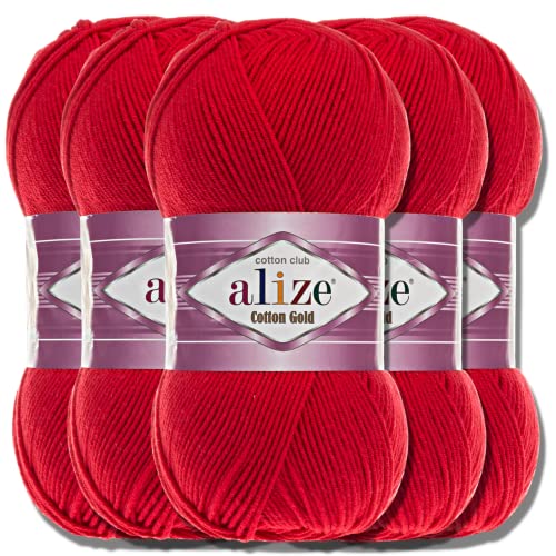 Alize 5 x 100g Cotton Gold Türkische Premium Wolle Baumwolle und Acryl Handstrickgarne | Garn | Yarn | Babywolle Strickgarn Akzente Accessoire Baby zum Häkeln Stricken Kleidung Schals (Red | 56) von Hobby YARN