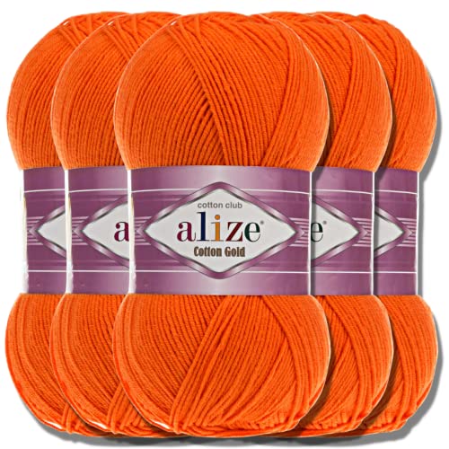 Alize 5 x 100g Cotton Gold Türkische Premium Wolle Baumwolle und Acryl Handstrickgarne | Garn | Yarn | Babywolle Strickgarn Akzente Accessoire Baby zum Häkeln Stricken Kleidung Schals (Orange | 37) von Hobby YARN