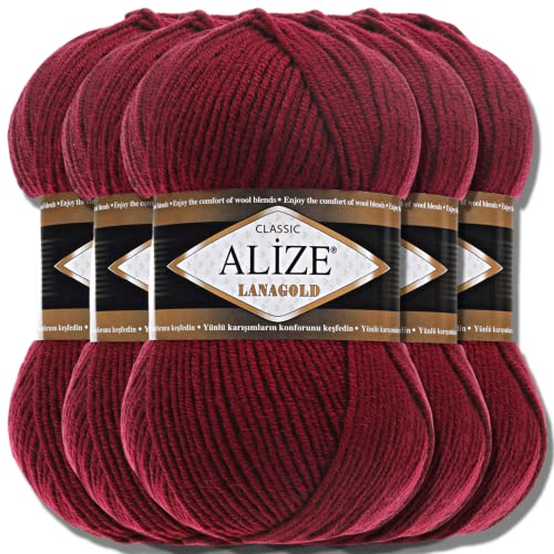 Alize 5 x 100g Lanagold Classic Türkische Premium Wolle Baumwolle und Acryl Uni Handstrickgarne | Yarn | Garn | Strickgarn Einfarbig Baby zum Häkeln Stricken Kleidung Schals (Bordeaux | 57) von Hobby YARN