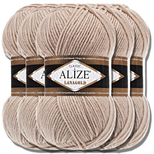 Alize 5 x 100g Lanagold Türkische Premium Wolle Baumwolle und Acryl Handstrickgarne | Yarn | Garn | Strickgarn Accessoire Baby zum Häkeln Stricken Kleidung Schals (Beige | 5) von Hobby YARN