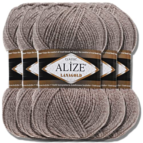 Alize 5 x 100g Lanagold Türkische Premium Wolle Baumwolle und Acryl Handstrickgarne | Yarn | Garn | Strickgarn Accessoire Baby zum Häkeln Stricken Kleidung Schals (DUE Beige | 650) von Hobby YARN