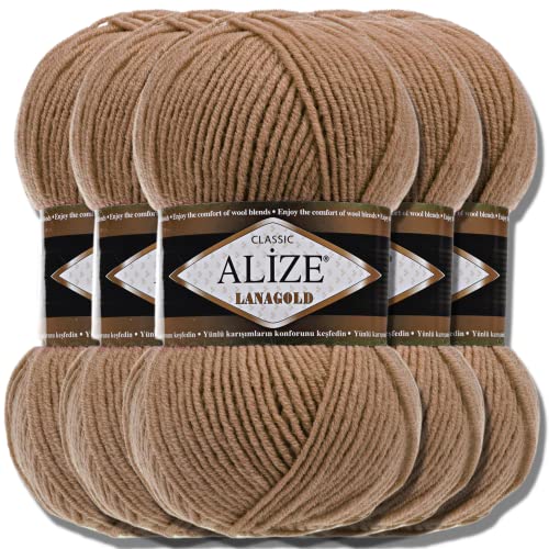 Alize 5 x 100g Lanagold Türkische Premium Wolle Baumwolle und Acryl Handstrickgarne | Yarn | Garn | Strickgarn Accessoire Baby zum Häkeln Stricken Kleidung Schals (Dark Beige | 466) von Hobby YARN