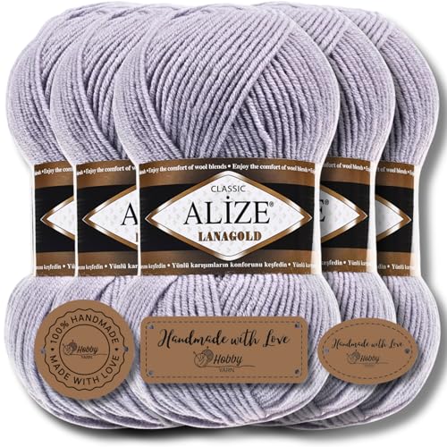 Alize 5 x 100g Lanagold Türkische Premium Wolle Baumwolle und Acryl Handstrickgarne | Yarn | Garn | Strickgarn Accessoire Baby zum Häkeln Stricken Kleidung Schals (Grey | 200) von Hobby YARN