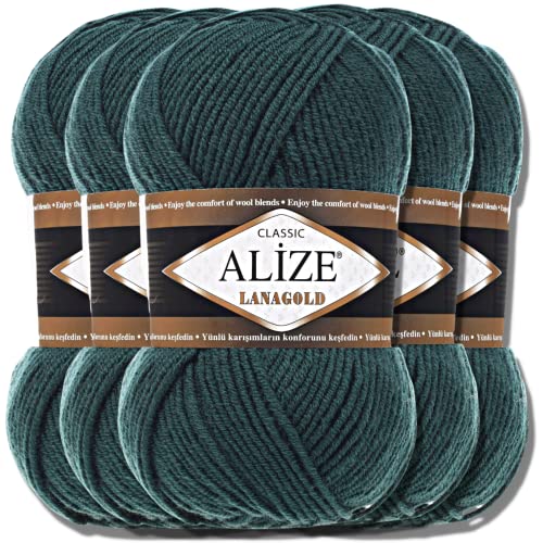 Alize 5 x 100g Lanagold Türkische Premium Wolle Baumwolle und Acryl Handstrickgarne | Yarn | Garn | Strickgarn Accessoire Baby zum Häkeln Stricken Kleidung Schals (Petrol | 426) von Hobby YARN