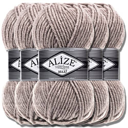 Alize 5 x 100g Superlana Maxi Türkische Premium Wolle Baumwolle und Acryl Uni Handstrickgarne | Yarn | Garn | Strickgarn Einfarbig Baby zum Häkeln Stricken Kleidung Schals (Light Brown Melange | 207) von Hobby YARN
