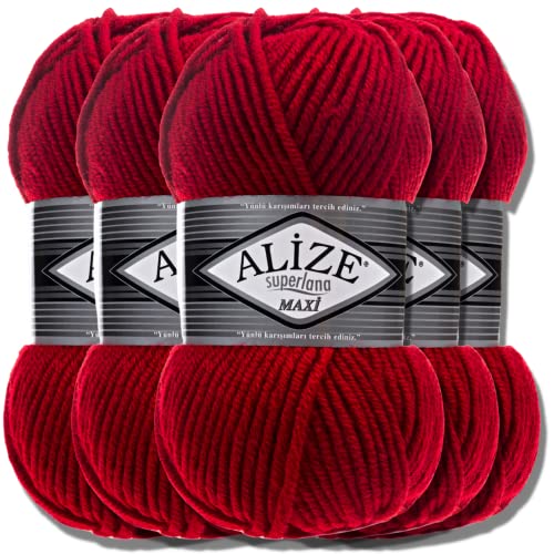 Alize 5 x 100g Superlana Maxi Türkische Premium Wolle Baumwolle und Acryl Uni Handstrickgarne | Yarn | Garn | Strickgarn Einfarbig Baby zum Häkeln Stricken Kleidung Schals (Red | 56) von Hobby YARN