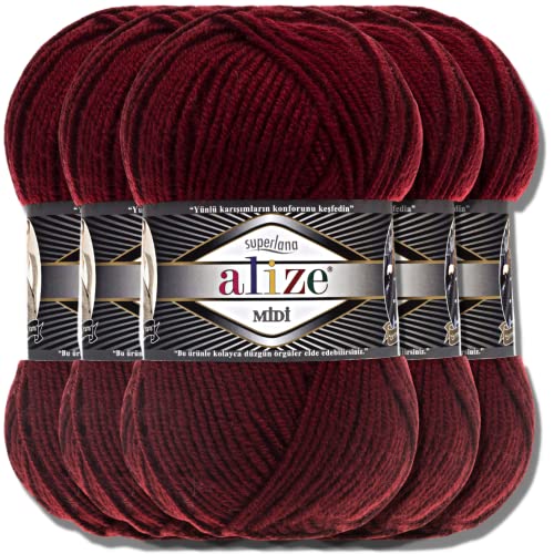 Alize 5 x 100g Superlana Midi Türkische Premium Wolle Baumwolle und Acryl Uni Handstrickgarne | Yarn | Garn | Strickgarn Einfarbig Baby zum Häkeln Stricken Kleidung Schals (Bordeaux | 57) von Hobby YARN