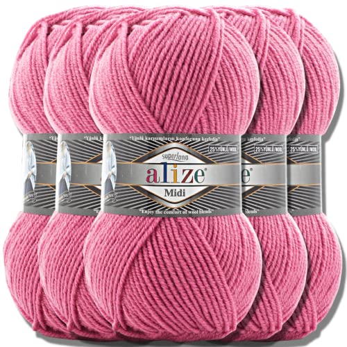 Alize 5 x 100g Superlana Midi Türkische Premium Wolle Baumwolle und Acryl Uni Handstrickgarne | Yarn | Garn | Strickgarn Einfarbig Baby zum Häkeln Stricken Kleidung Schals (Dark Pink | 178) von Hobby YARN