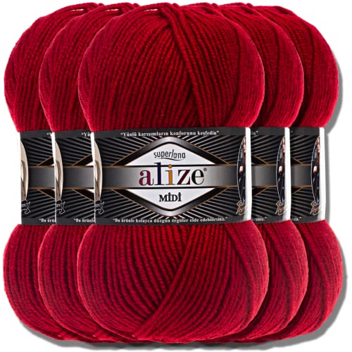 Alize 5 x 100g Superlana Midi Türkische Premium Wolle Baumwolle und Acryl Uni Handstrickgarne | Yarn | Garn | Strickgarn Einfarbig Baby zum Häkeln Stricken Kleidung Schals (Red | 56) von Hobby YARN