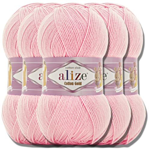 Alize 5x 100g Cotton Gold Türkische Premium Wolle Baumwolle und Acryl Handstrickgarne | Garn | Yarn | Babywolle Strickgarn Accessoire Baby zum Häkeln Stricken Kleidung Schals (Ballerina Pink | 518) von Hobby YARN