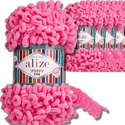 Alize 5x 100g Puffy Fine türkische Wolle Super Bulky Chenillegarn Babywolle Handstrickgarn ohne Nadel zum häkeln weiches Chenille-Garn XXL-Knäuel für Amigurumi (Cotton Candy | 121) von Hobby YARN