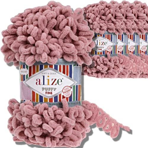 Alize 5x 100g Puffy Fine türkische Wolle Super Bulky Chenillegarn Babywolle Handstrickgarn ohne Nadel zum häkeln weiches Chenille-Garn XXL-Knäuel für Amigurumi (Pink Rose | 295) von Hobby YARN